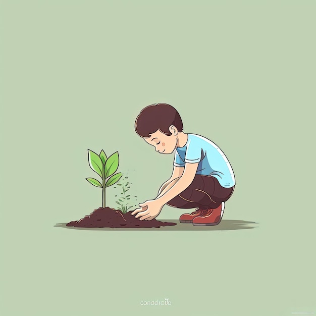 un niño cavando y plantando una planta al estilo de decorados minimalistas