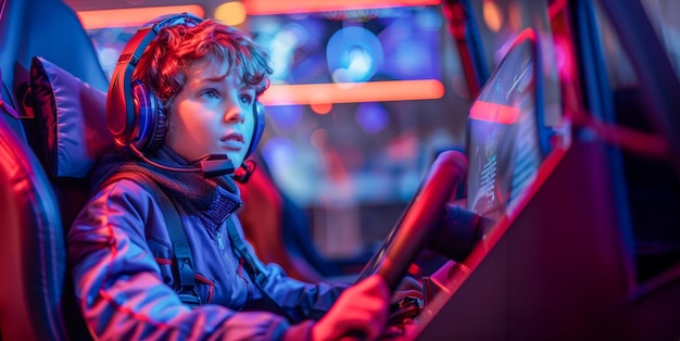 Niño centrado en jugar con auriculares