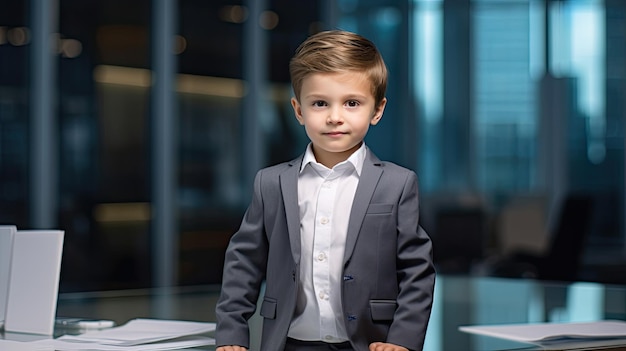 Un niño CEO lindo posa en un lugar de trabajo contemporáneo