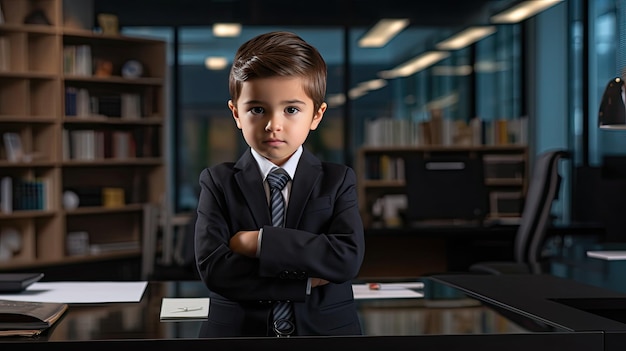 Un niño CEO lindo posa en un lugar de trabajo contemporáneo