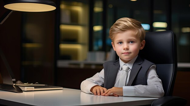 Un niño CEO lindo posa en un lugar de trabajo contemporáneo