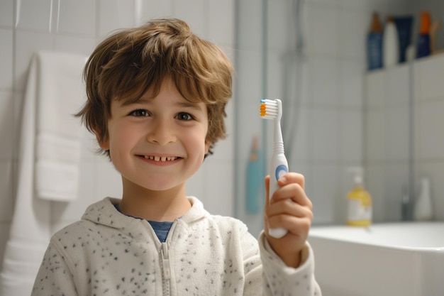 un niño con un cepillo de dientes y sonriendo con hermosos dientes de fondo de estilo bokeh