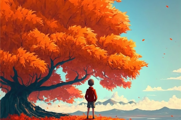 Niño cerca del árbol Niño mirando el árbol gigante de otoño en el horizonte Pintura de ilustración de estilo de arte digital