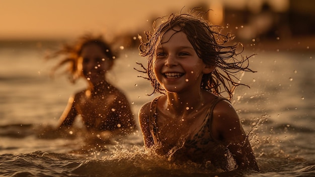 Un niño chapotea en el agua al atardecer.