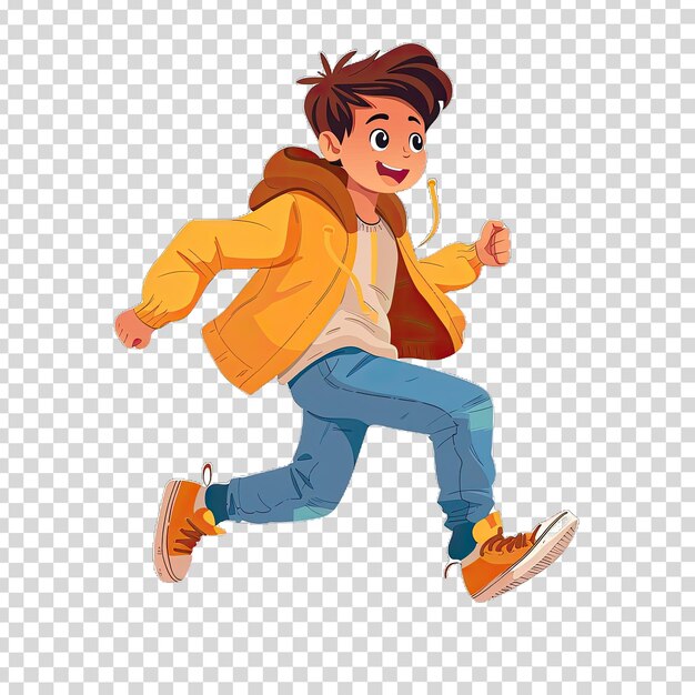 un niño con una chaqueta amarilla está saltando con una mochila en la espalda