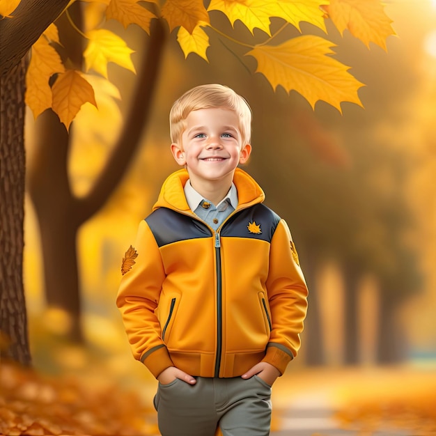 un niño con una chaqueta amarilla con la palabra " en él.