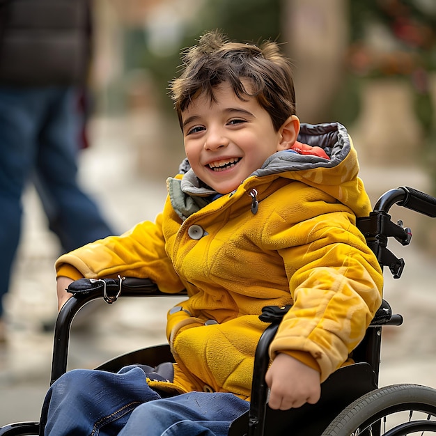 Foto un niño en una chaqueta amarilla está sentado en una silla de ruedas