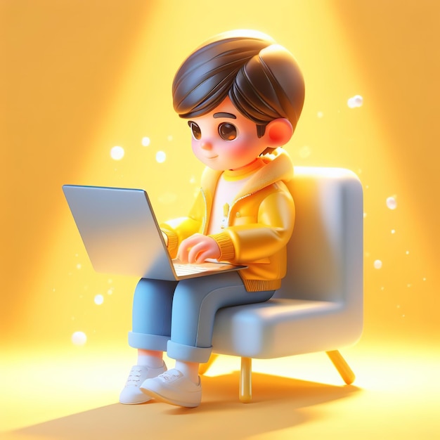 Foto un niño con una chaqueta amarilla sentado en una silla y usando una computadora portátil en una animación de dibujos animados disney en 3d