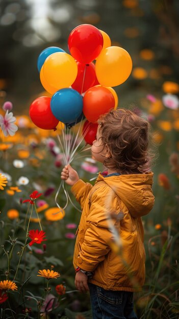 Niño con chaqueta amarilla sosteniendo globos de colores al aire libre