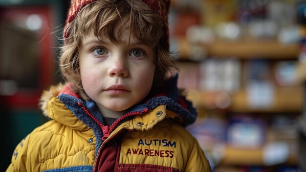 Niño con una chaqueta colorida promoviendo el Día de Concienciación sobre el Autismo