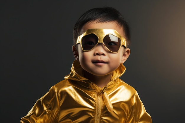 Un niño con una chaqueta dorada y gafas de sol se para frente a un fondo negro.