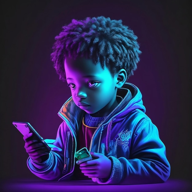 un niño con una chaqueta púrpura sosteniendo un teléfono inteligente
