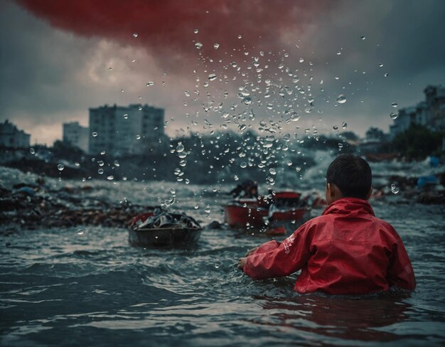 Foto un niño con una chaqueta roja está en el agua con una chaquette roja puesta