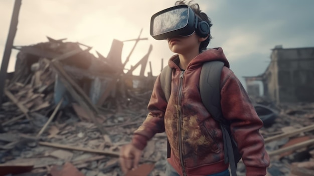 Un niño con una chaqueta roja y una chaqueta roja con unas gafas grandes que dicen "la palabra vr"