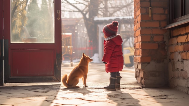 Un niño con una chaqueta roja y un perro Un perro pequeño y un niño están de pie en la salida del edificio