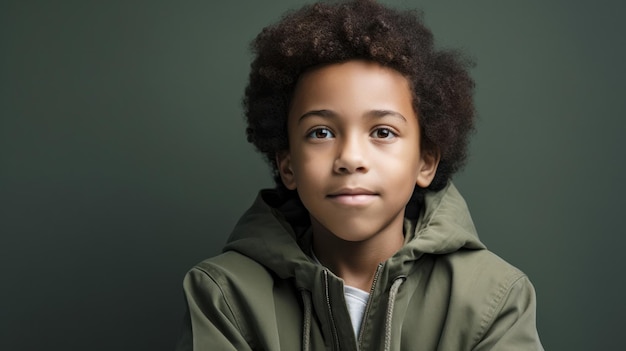 Un niño con una chaqueta verde se para frente a un fondo verde.