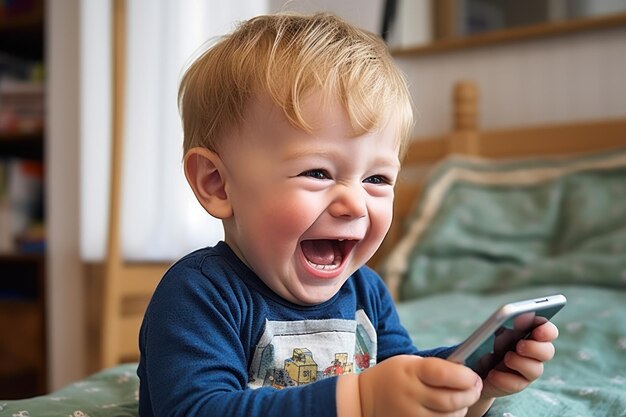 Foto niño chateando en video con su primo con caras divertidas y risas