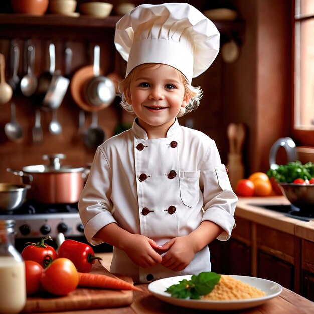 Niño chef preparando y cocinando comida en la cocina