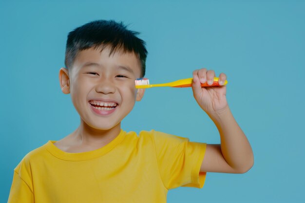 Niño chino con un cepillo de dientes en la mano sobre un fondo azul claro