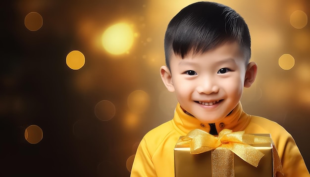 Niño chino con un regalo en la mano el concepto del Año Nuevo