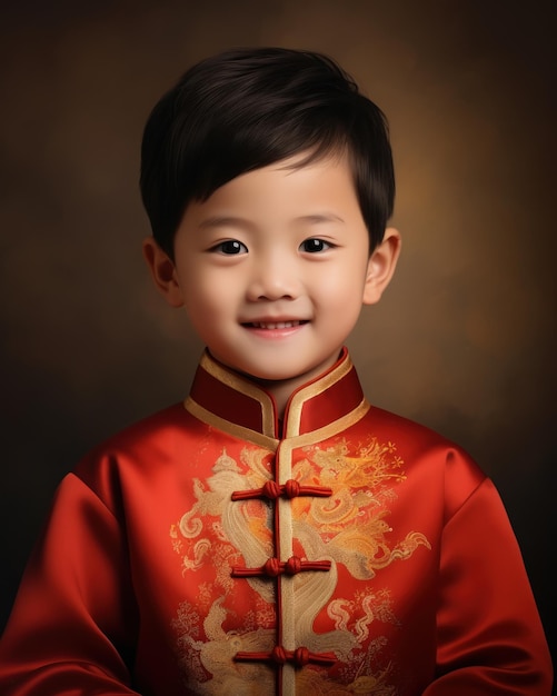 Niño chino vestido mandarín como concepto de Año Nuevo Chino de pie y sonriendo