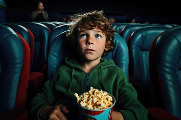 Un niño en el cine comiendo palomitas de maíz