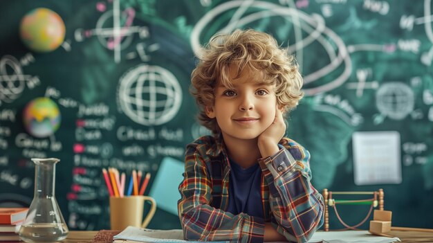 Foto niño en la clase de ciencias con suministros