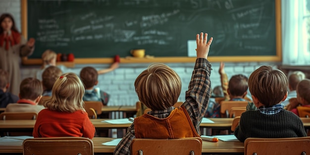 Un niño en una clase escolar levanta la mano para preguntarle al maestro.