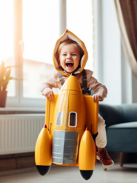 Foto un niño en un coche de juguete amarillo con un coche amarillo en la parte de atrás