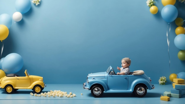 Niño en un coche para niños sobre un fondo azul con globos Lugar para texto