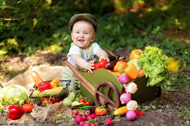 Niño cocina una ensalada de verduras en la naturaleza. Jardinero recoge una cosecha de verduras. Entrega de productos