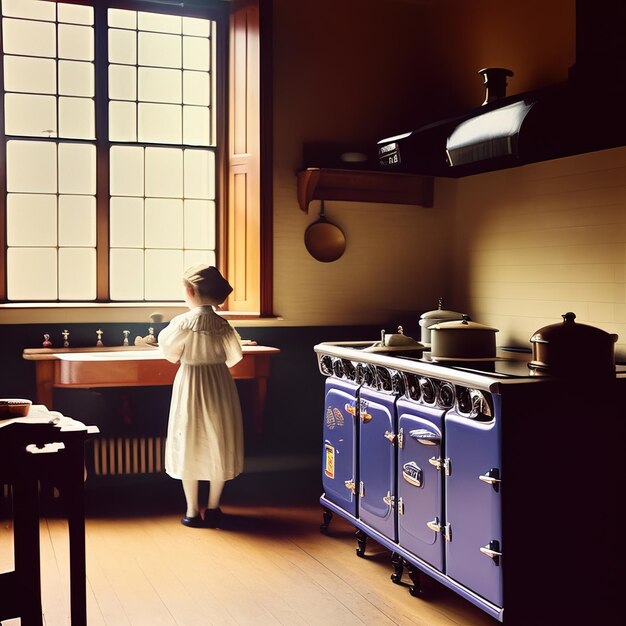 Un niño se para en una cocina con un horno azul.