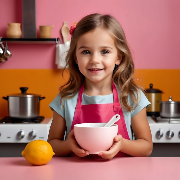 Niño en una cocina con paredes coloridas en el estilo de imágenes comerciales fotografía publicitaria