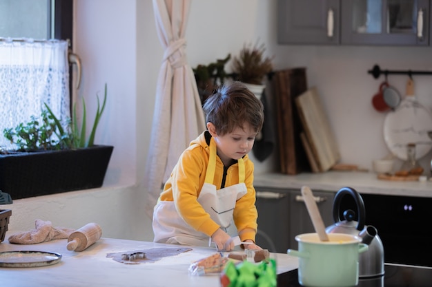 Niño cocinando en una cocina sola