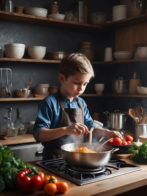 Foto un niño está cocinando en la cocina.