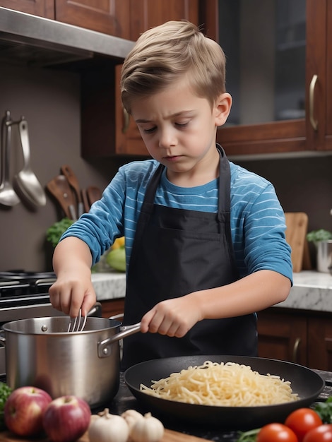 Foto un niño está cocinando en la cocina.