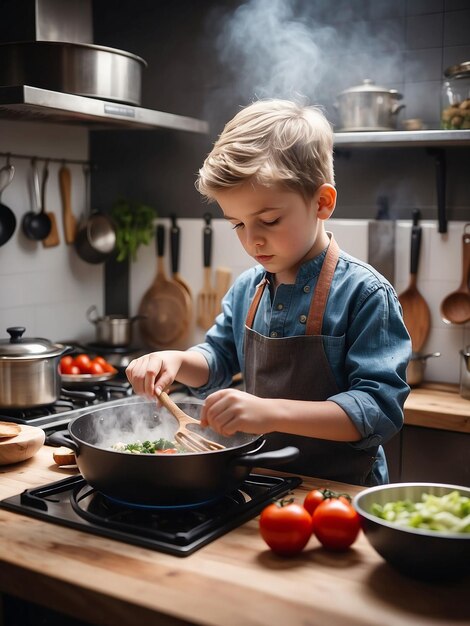 Foto un niño está cocinando en la cocina.