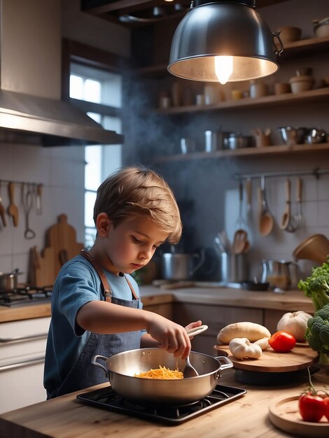 Foto un niño está cocinando en la cocina.