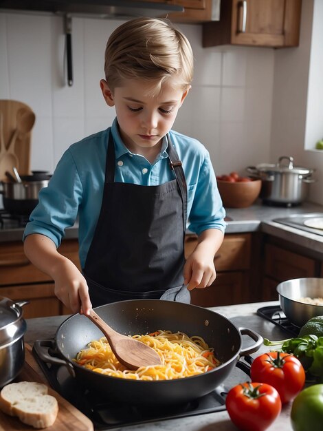 Foto un niño está cocinando en la cocina.