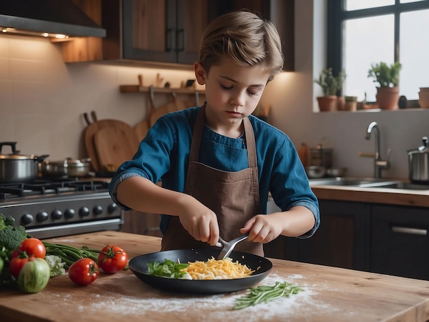 Foto un niño está cocinando en la cocina.