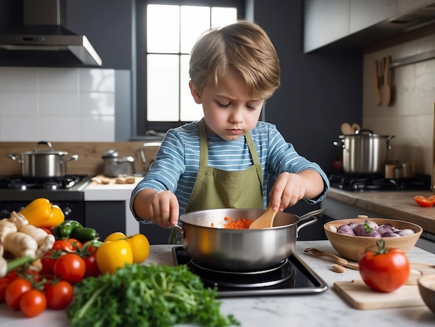 Foto un niño está cocinando en la cocina.