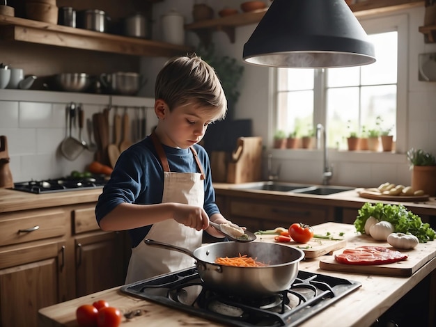 Foto un niño está cocinando en la cocina.