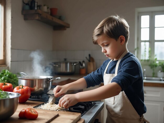 Foto un niño está cocinando en la cocina.