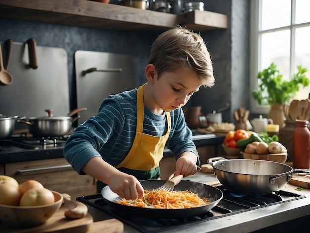 Foto un niño está cocinando en la cocina.