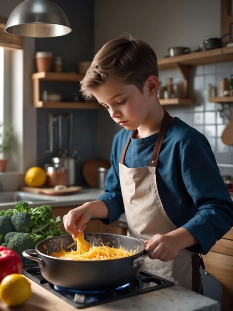 Foto un niño está cocinando en la cocina.