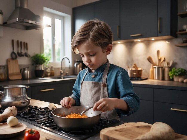 Foto un niño está cocinando en la cocina.