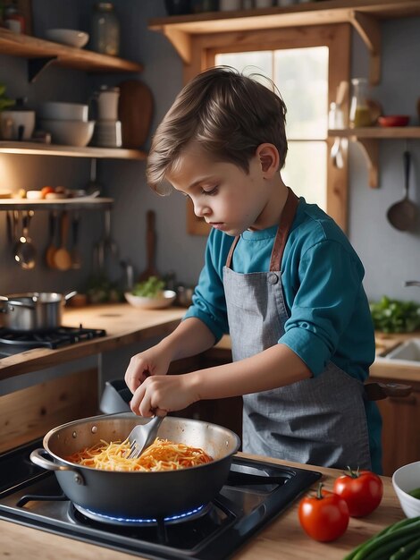 Foto un niño está cocinando en la cocina.