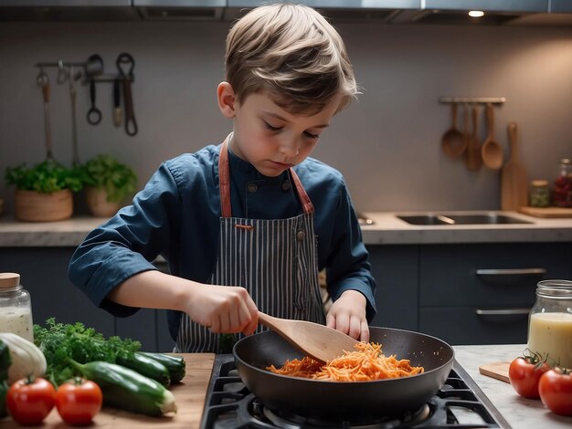 Foto un niño está cocinando en la cocina.