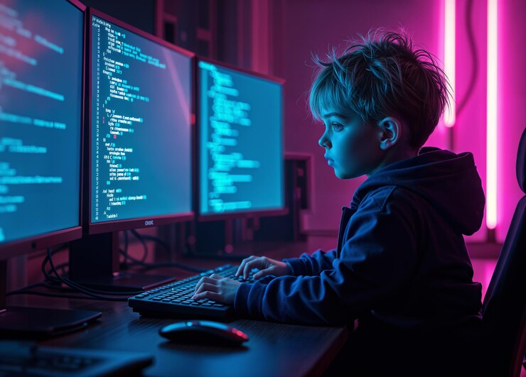 Foto un niño codifica atentamente en múltiples pantallas de computadora en una habitación iluminada con neón