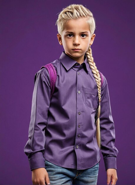 Foto un niño con una cola de caballo con una camisa púrpura y una camiseta púrpura con una coleta trenzada